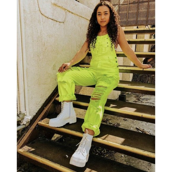 NEW CARMAR Neon Yellow Green Jean Denim Overalls - Picture 2 of 7